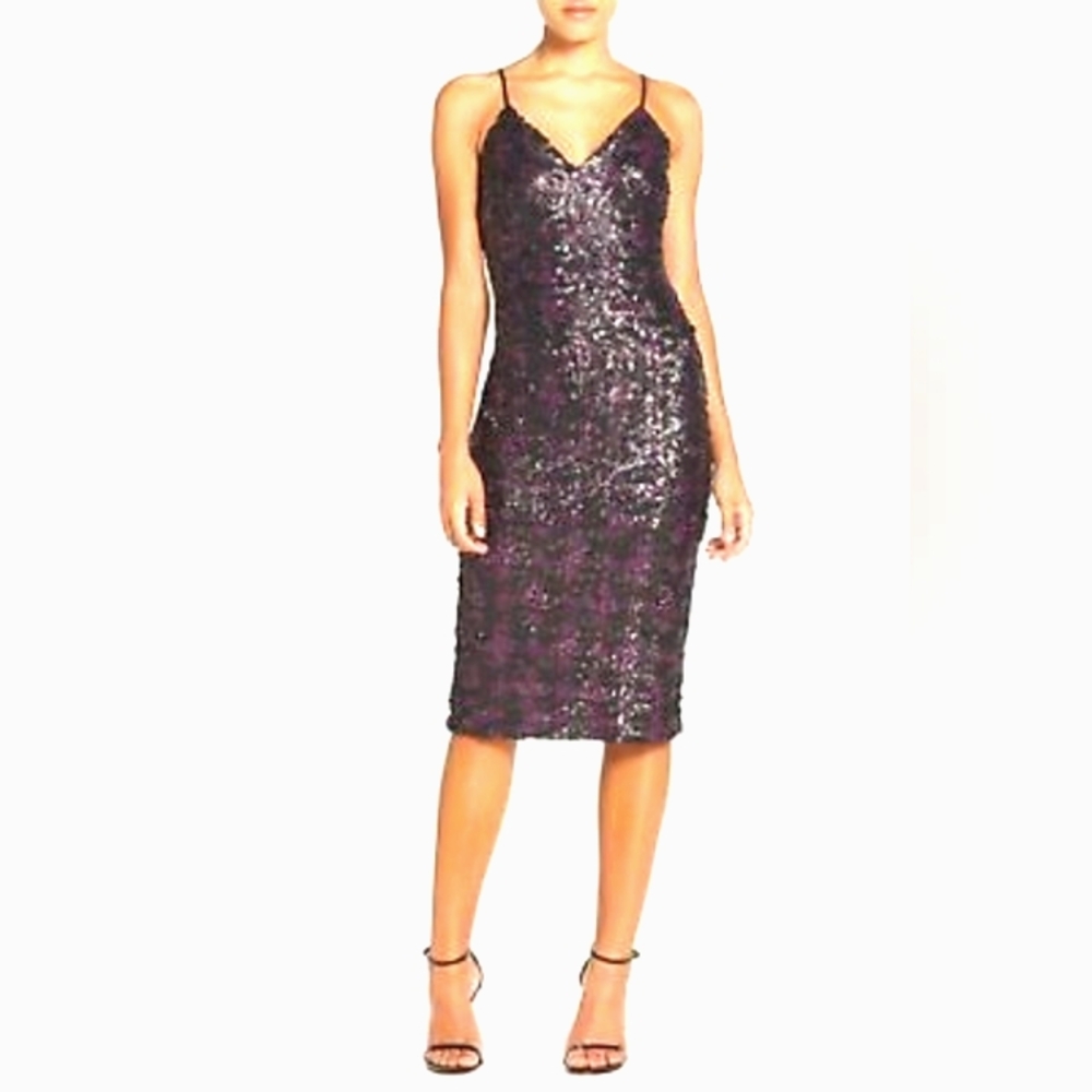 Dress The Population Nina Sequin Midi Dress, Sz XL Purple & Black - Picture 13 of 13